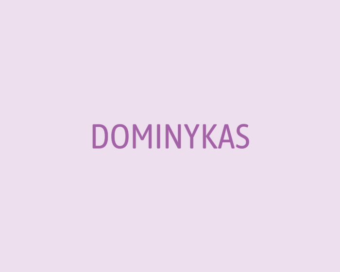Brand name DOMINYKAS in bold purple letters on a light pink background.