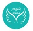 Logo: teal circle with white wing motif and the text 'Angelo mama'./Angelo mama text included in wings design inside teal circle.