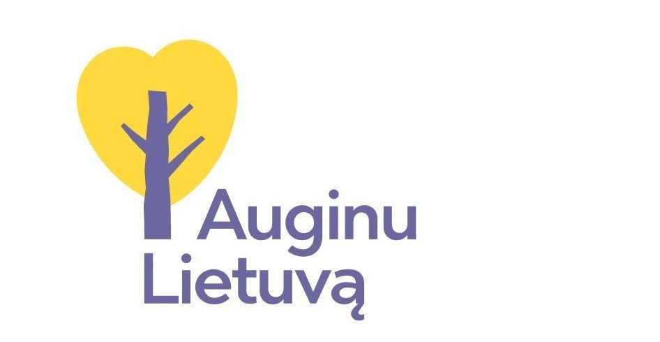 Logo featuring a yellow heart-shaped tree beside the text 'Auginu Lietuva' in purple.