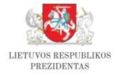 Lithuanian presidential coat of arms: knight on a red shield, flanked by griffins, with the text LIETUVOS RESPUBLIKOS PREZIDENTAS.