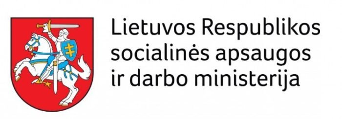 Lithuanian state coat of arms (Vytis) on the left with the text 'Lietuvos Respublikos socialinės apsaugos ir darbo ministerija' on the right.