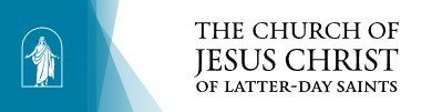 Logo for The Church of Jesus Christ of Latter-day Saints with a teal left panel and a small white figure inside an arch on the left.