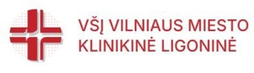 Logo for VšĮ Vilniaus miesto klinikinė ligoninė featuring a red circular cross emblem and the hospital name in red text.