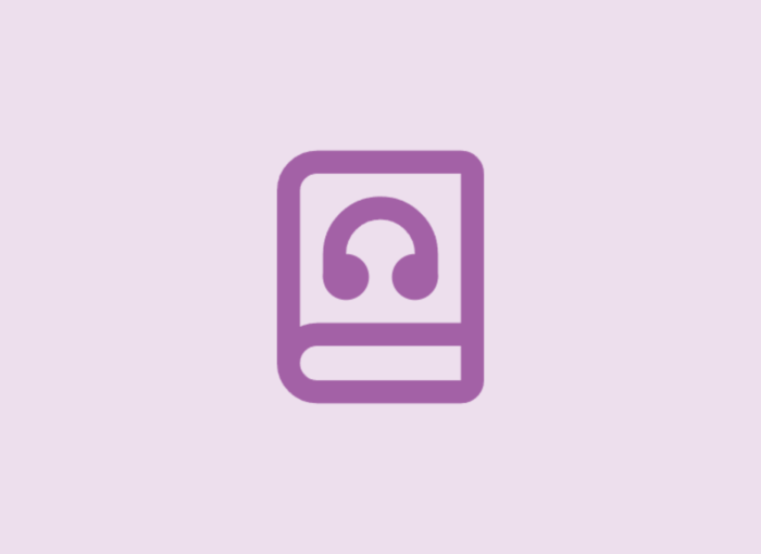 Purple audiobook icon: a book with headphones on a light purple background, indicating audio reading