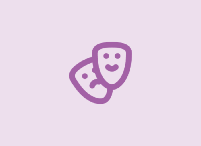 Two purple theater masks, one smiling and one frowning, overlapping on a pale lavender background.