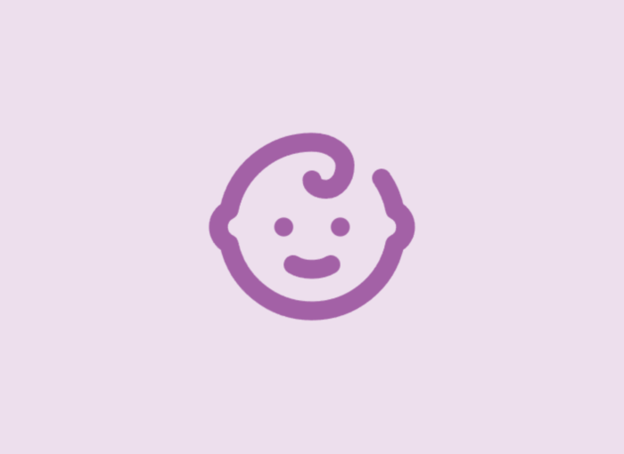 Purple baby-face icon with a curved hair loop on a pastel pink background, smiling and simple in design