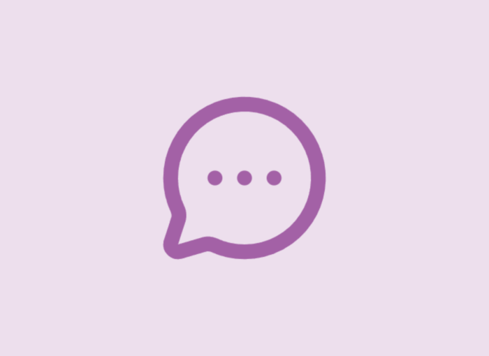 Purple outline of a chat bubble with a typing ellipsis on a pale lavender background, representing messaging