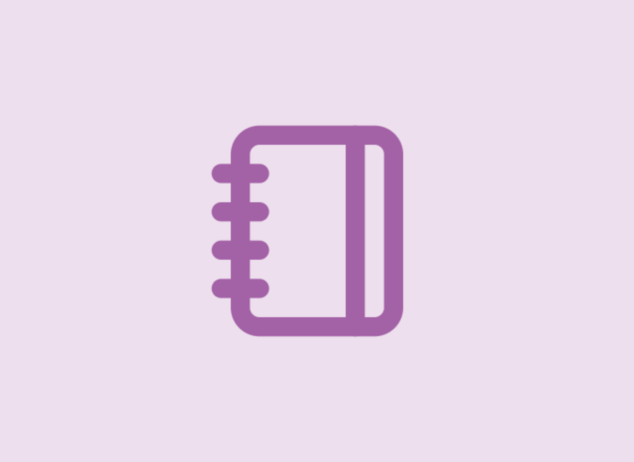 Purple notebook icon with a spiral binding on the left, on a pale lavender background.