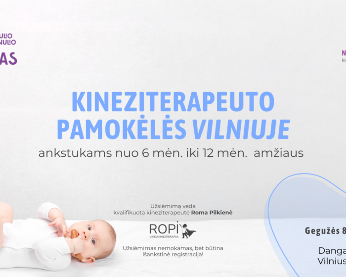 Banner announcing kinesitherapy workshop for babies in Vilnius with logos of Klubas and Neišsėsiotukas, featuring babies and caregivers in the layout.