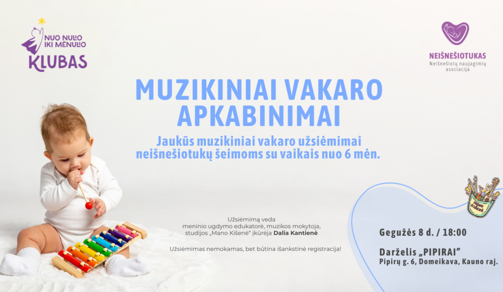 Baby playing a colorful xylophone on a light backdrop, promoting 'Muzikiniai vakaro užsiėmimai' for kids.