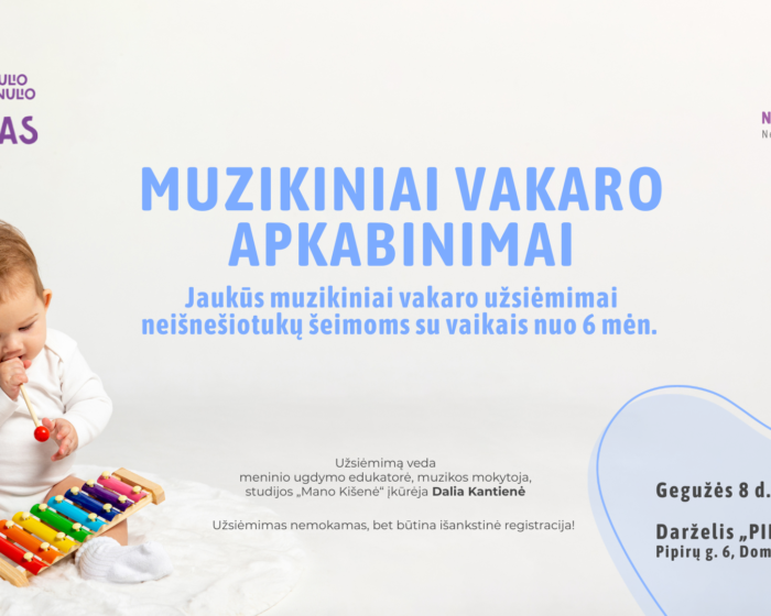 Baby playing a colorful xylophone on a light backdrop, promoting 'Muzikiniai vakaro užsiėmimai' for kids.