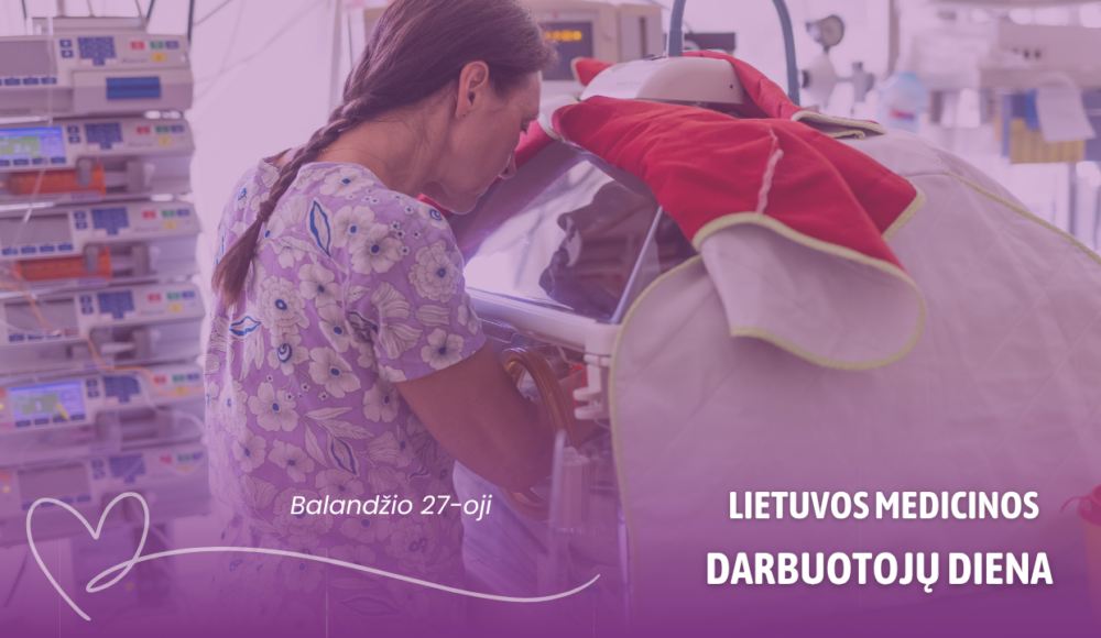 Nurse leaning over a hospital bed with medical equipment in the background; banner celebrates Lithuanian Medical Workers Day.