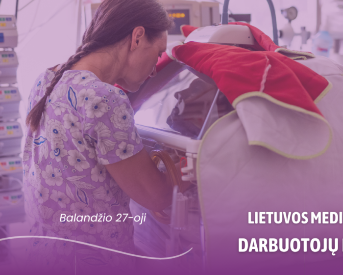 Nurse leaning over a hospital bed with medical equipment in the background; banner celebrates Lithuanian Medical Workers Day.