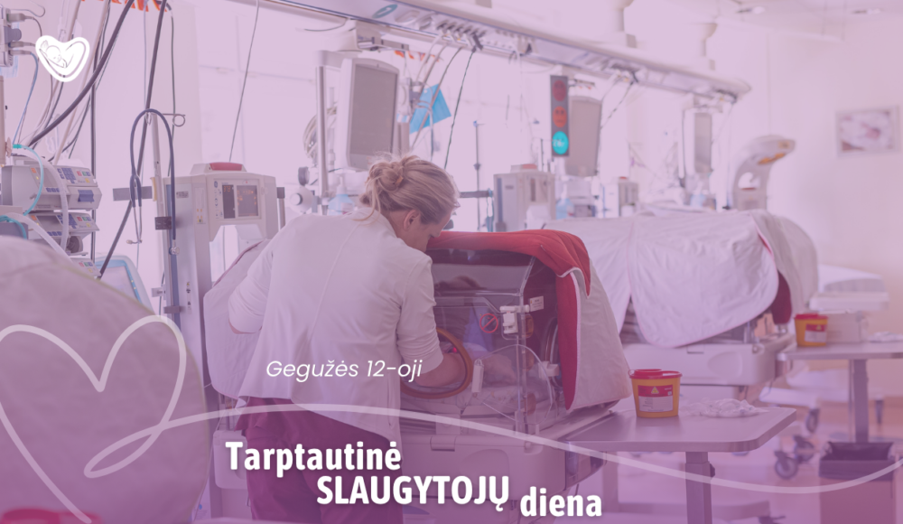 Nurse tending a newborn in an incubator in a busy NICU, with a purple banner celebrating International Nurses Day (May 12).