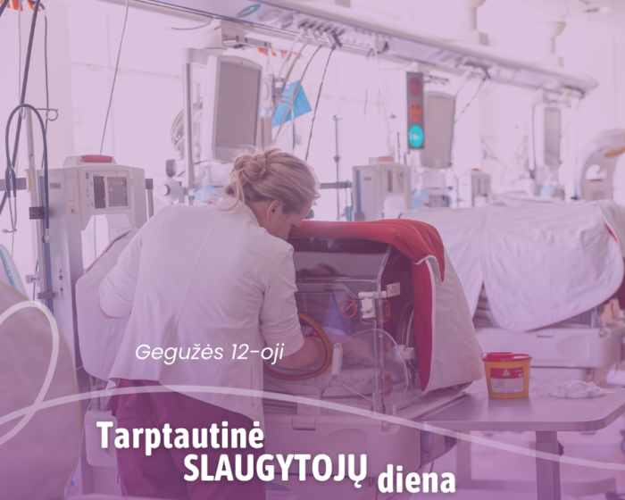 Nurse tending a newborn in an incubator in a busy NICU, with a purple banner celebrating International Nurses Day (May 12).