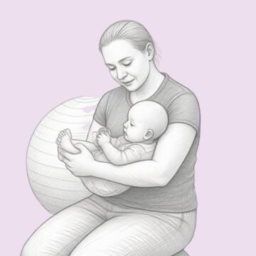 Illustration of a mother cradling a baby while seated, with a large exercise ball behind them on a lavender background.