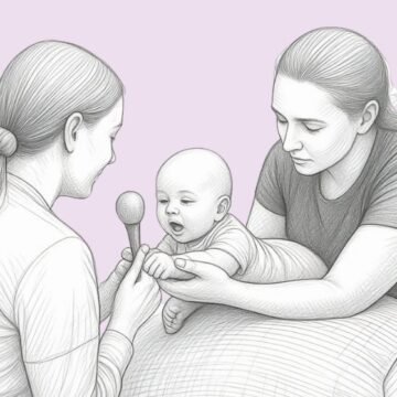 Sketch of two adults with a baby; one offers a toy microphone to the baby while the other supports the infant on a blanket.