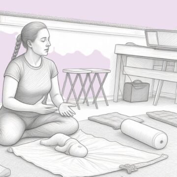 Woman sits cross‑legged on a mat, meditating with hands resting on her knees in a cozy room with yoga props nearby.