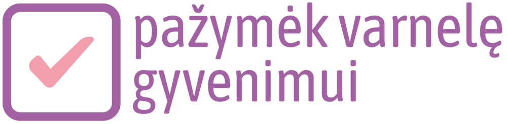 Logo with a purple rounded-square icon and pink checkmark, followed by the text 'pažymėk gyvenimui' in purple.