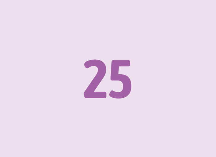 Large purple numeral 25 centered on a pale pink background.