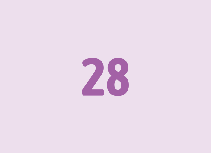 Bold purple number 28 centered on a pale pink background