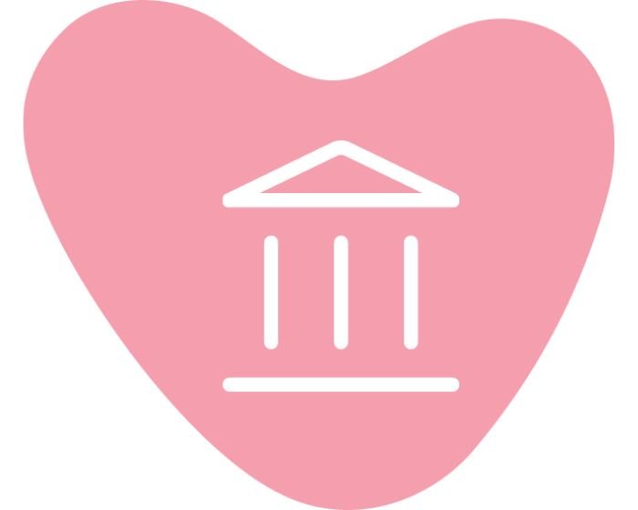 Pink heart with a white bank building icon, symbolizing love for banking or financial care.