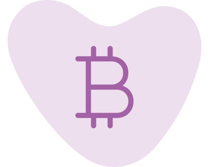 Purple heart background with a Bitcoin symbol in the center.