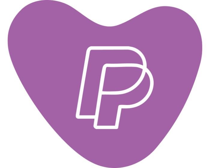 PayPal logo in white outline over a purple heart background