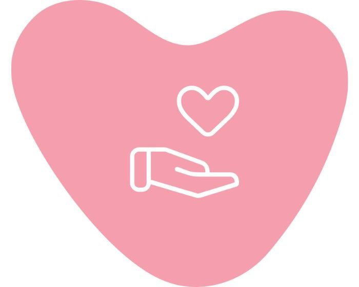 Hand holding out a heart over a pink abstract shape, symbolizing care or giving support