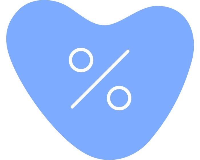Blue abstract heart shape containing a white percentage symbol, suggesting a discount or special offer