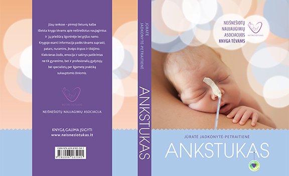Book cover for 'ANKSTUKAS' by Jūratė Jakonytė-Petraitė, showing a close-up of a baby's hand and a small white tube near the mouth, with a pastel blue background and purple spine/back cover.