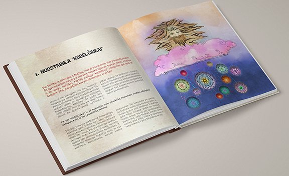 Open book with two-page spread: left page dense text, right page colorful illustration of sun, clouds, and circular microbes.