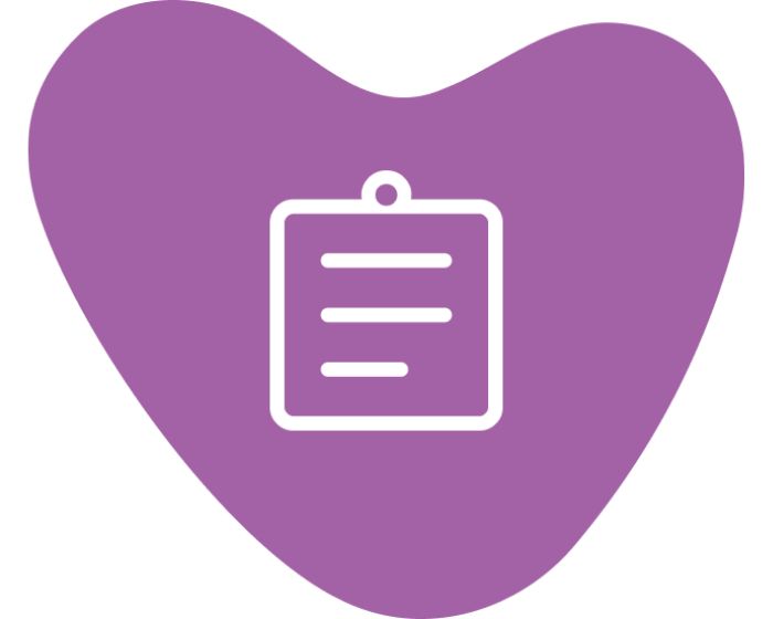 Purple heart shape with a white clipboard icon in the center.