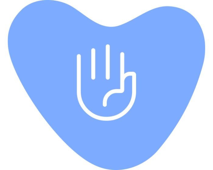 Blue heart shape with a white raised-hand icon in the center, symbolizing help and support