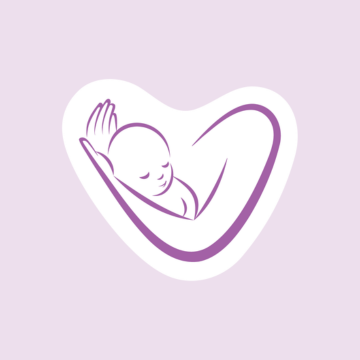 Logo of a sleeping baby curled inside a heart, with purple lines on a light lavender background, conveying newborn care or maternity.