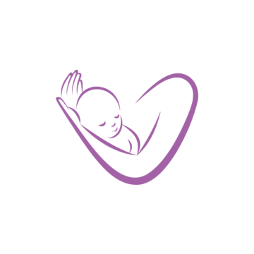 Abstract purple line drawing of a sleeping baby cradled by a curved heart shape, conveying care and newborn support