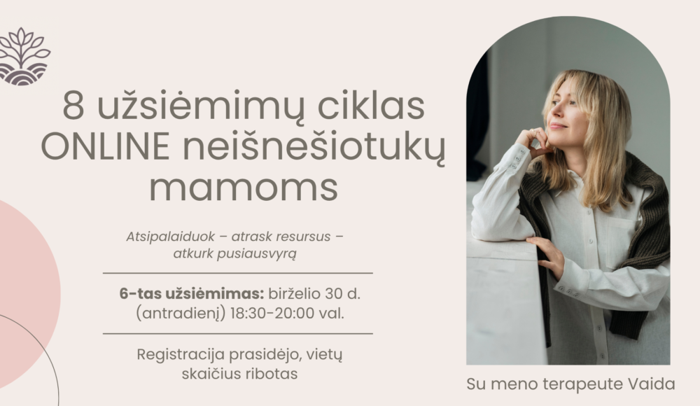 Poster advertising an online support program for new moms, with a photo of a thoughtful woman on the right side.