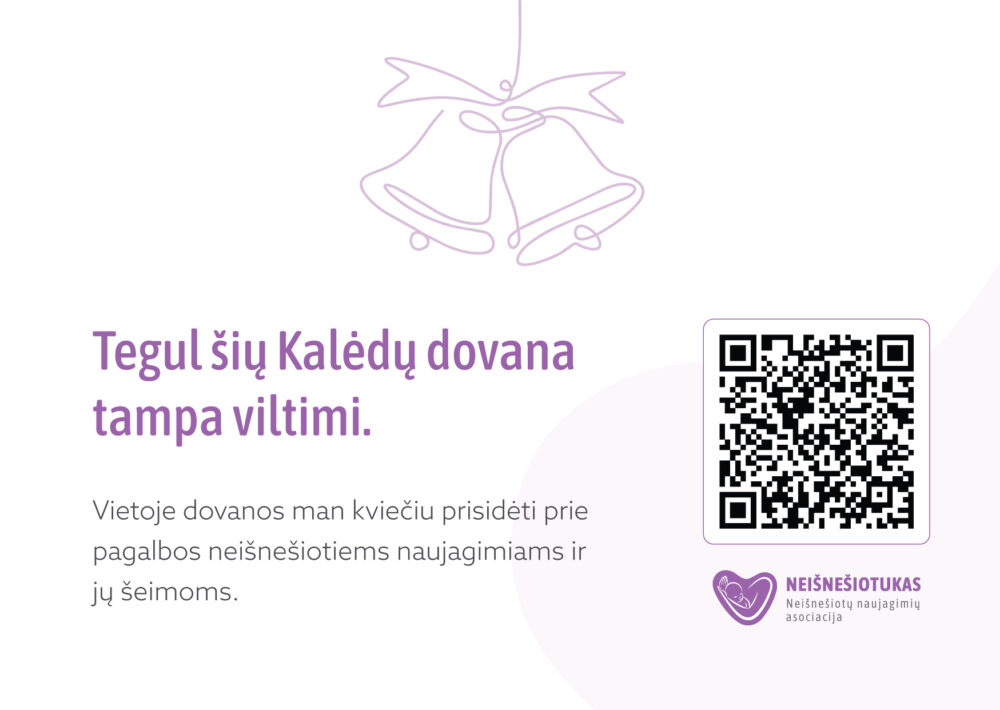 Poster promoting Christmas donations with lavender bell illustration, Lithuanian text, and a framed QR code on the right.
