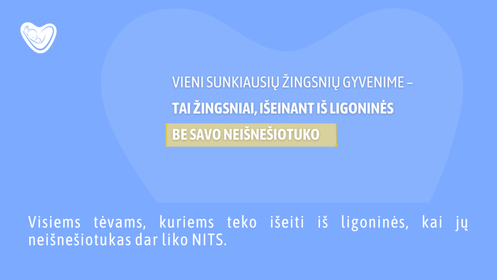Blue hero banner with a white heart logo containing a baby in the top-left and Lithuanian message about taking the first steps after leaving hospital; highlighted beige caption.