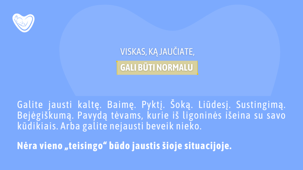 Blue hero banner with a white heart logo on the left and Lithuanian text: "Viskas, ką jaučiate, gali būti normalu." The page also shows a long white paragraph about emotions and support in the foreground.