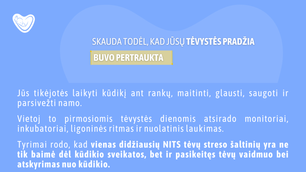 Blue poster with a white baby logo on the left; Lithuanian headline reads 'SKAUDA TODĖL, KAD JŪSŲ TĖVYSTĖS PRADŽIA', and a highlighted box 'BUVO PERTRAUKTA' with body text about helping parents after birth disruption.