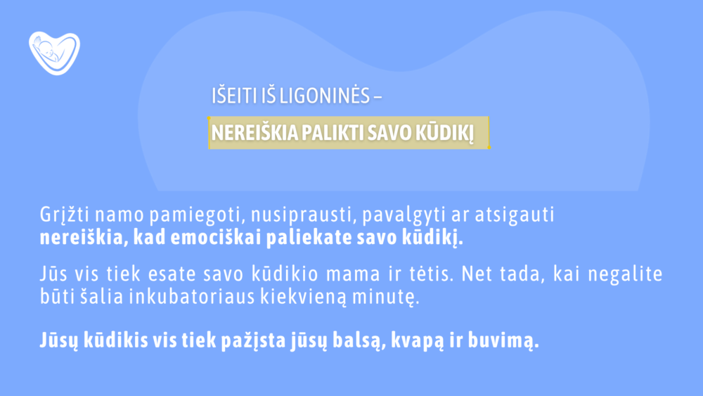 Blue hero banner with a baby-in-heart logo on the left and Lithuanian message about leaving the hospital and not abandoning your baby.