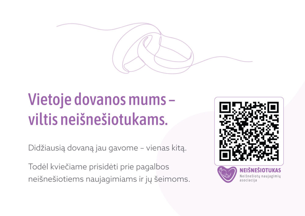 Poster in lavender tones with a ribbon-like line drawing above Lithuanian text urging donations, a QR code on the right, and a purple nonprofit logo at the bottom-right.
