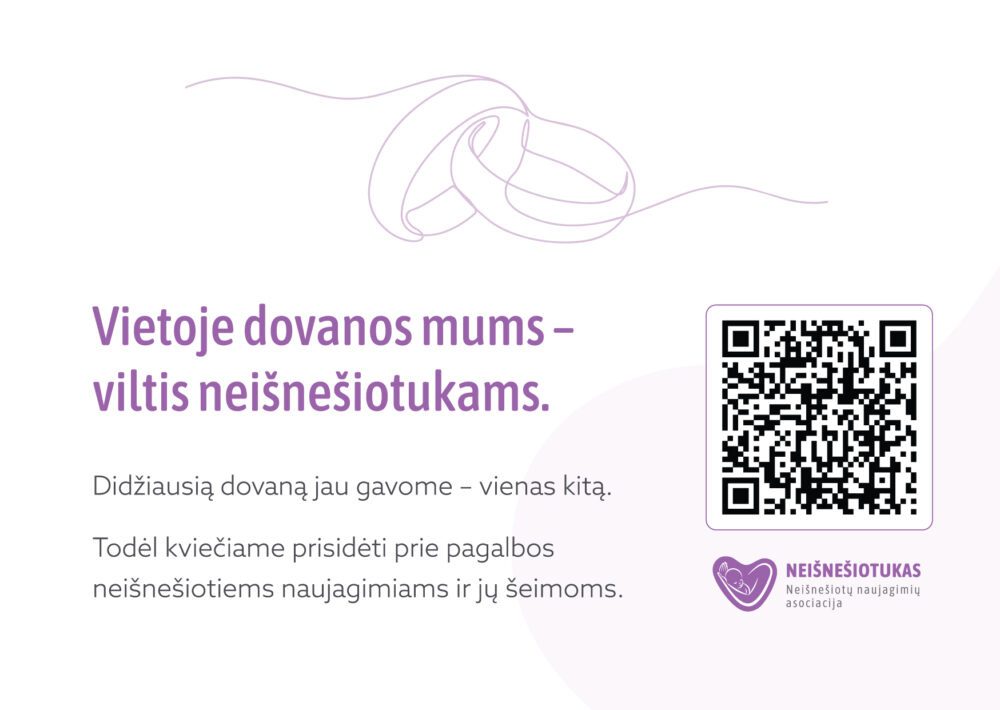 Vestuvių sveikinimas, kviečiantis šventės proga paremti neišnešiotukų šeimas ir asociaciją „Neišnešiotukas“.