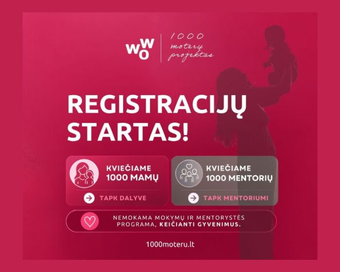 1000 moterų projekto“ registracijos kvietimas mamoms ir mentorėms prisijungti prie nemokamos mokymų ir mentorystės programos.