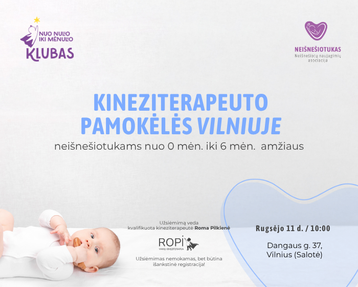 Promotional banner for kinesitherapy sessions in Vilnius for babies 0–6 months, with logos and a reclining baby on the left.