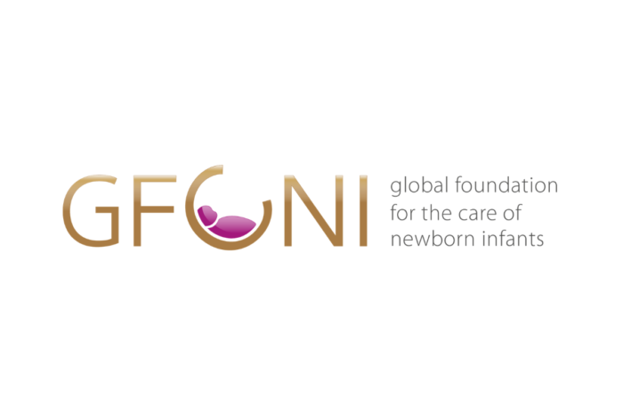GFONI logo: gold letters with a pink baby silhouette inside the O and the tagline 'global foundation for the care of newborn infants'
