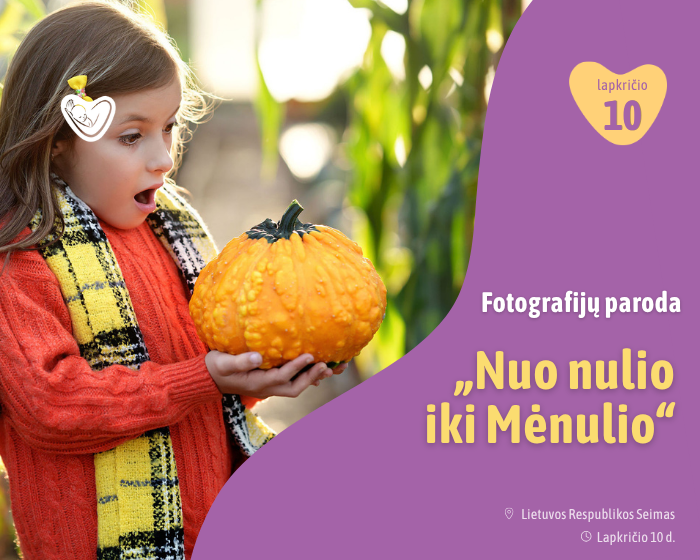 Fotografijų parodos „Nuo nulio iki Mėnulio“ lapkričio 10 d. Seime vizualas su mergaite, rankose laikančia moliūgą