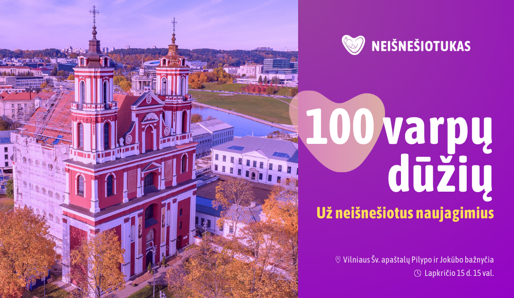 Aerial view of a red-brick church with two tall towers in a city, autumn trees nearby, overlaid with a purple banner on the right.