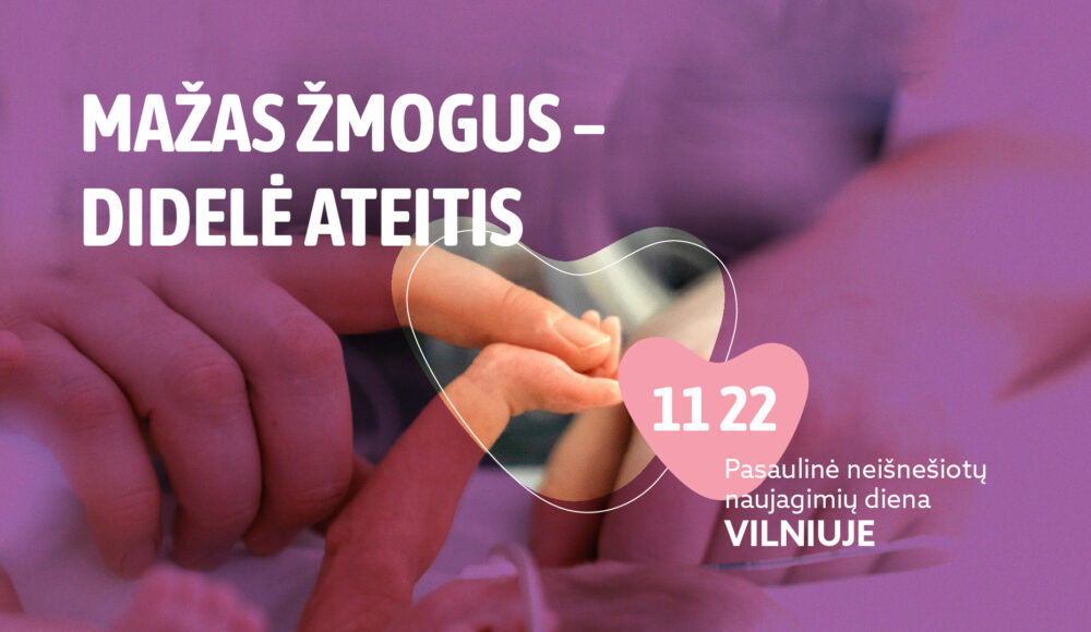 Close-up of a newborn's tiny hand holding an adult finger, with purple overlay and pink heart, promoting World Premature Day in Vilnius.